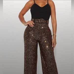 Fashion Nova Sequin Wide Leg Pants - Black and Copper